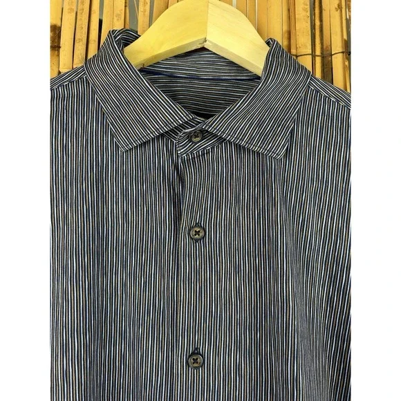 BUGATCHI Ooocotton Tech 8 Way Stretch Long Sleeve Shirt Large‎ Blue Brown Stripe - Picture 4 of 16